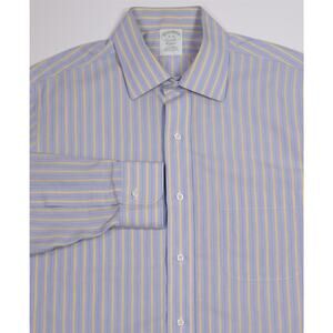 Brooks Brothers Non-Iron Classic Fit Blue Yellow Stripe Cotton Dress Shirt 16-32